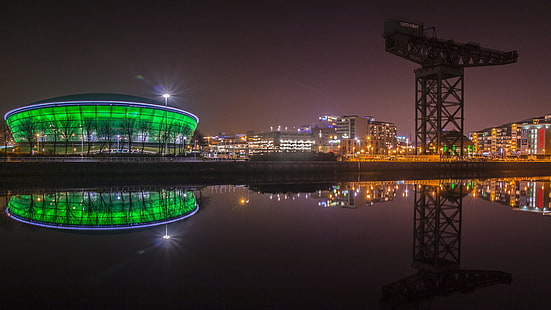 Glasgow, flod, Clyde, natt, reflektion, stad, HD tapet HD wallpaper