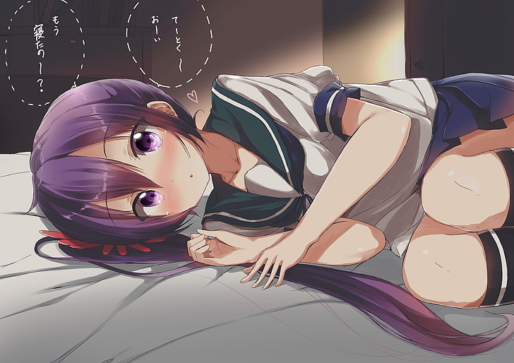 kancolle, akebono, lying down, school uniform, purple hair, Anime, HD wallpaper