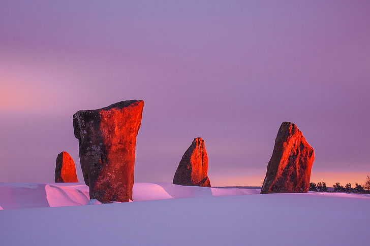 winter, the sky, snow, sunset, stones, megaliths, HD wallpaper