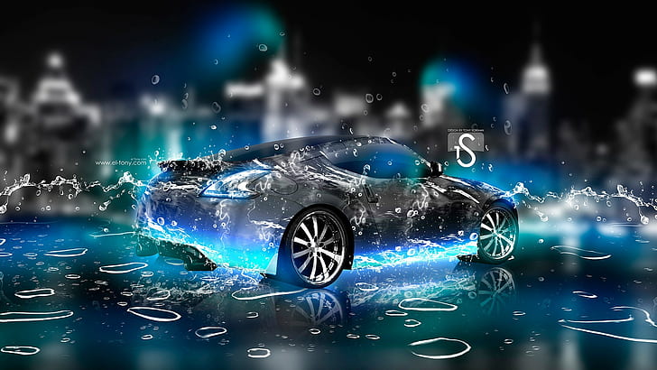 blue, car, city, neon, Nissan, water, Water Drops, HD wallpaper