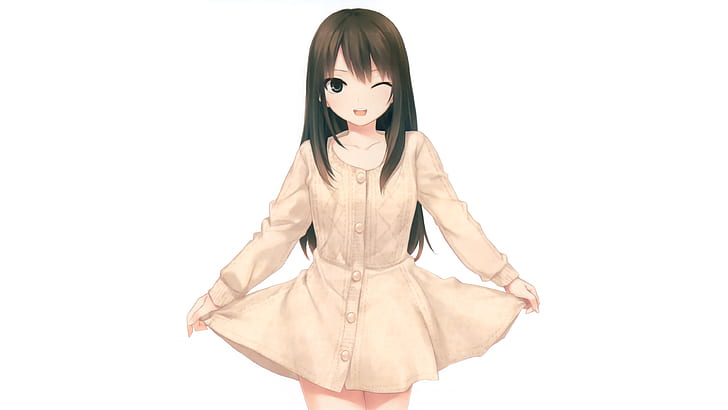 dunkles Haar, Anime Mädchen, Kleid, Kaffee-Kizoku, weißer Hintergrund, HD-Hintergrundbild