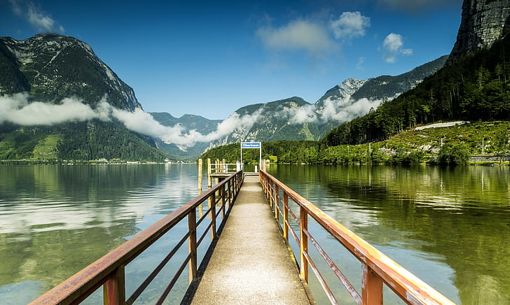 Avusturya, Hallstatt, göl, kayalar, Avusturya, bulutlar, orman, dağlar, iskele, Hallstatt, göl, HD masaüstü duvar kağıdı