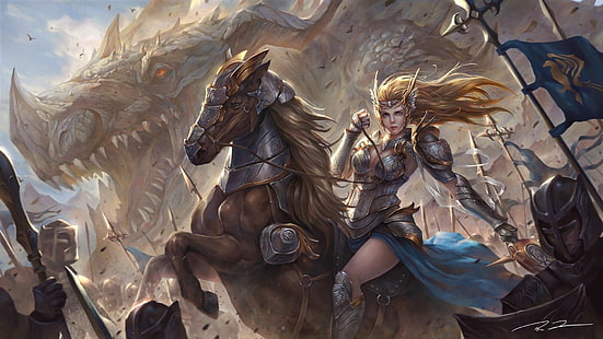 Fantasy, Frauen Krieger, Rüstung, Blond, Drache, Mädchen, Pferd, Krieger, Frau, HD-Hintergrundbild HD wallpaper