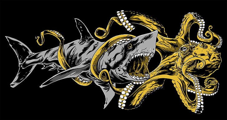 осьминог, акула, произведение искусства, животные, жёлтый, кальмары, чёрный фон, серый, HD обои