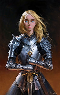  artwork, women, blonde, long hair, armor, sword, warrior, knight, blue eyes, fantasy art, fantasy girl, HD wallpaper HD wallpaper