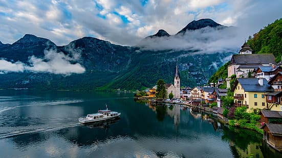 облаци, планини, езеро, Австрия, Халщат, HD тапет HD wallpaper