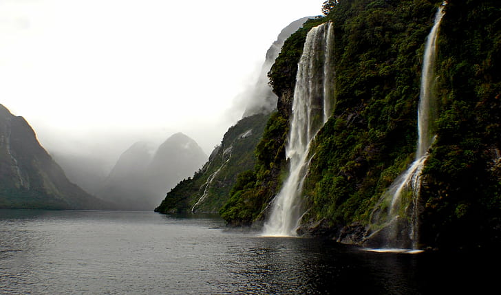 photo of mountain's waterfall dropped on body of water, Doubtful Sound, Fiordland NZ, photo, mountain, waterfall, body of water, New Zealand, Fiordland National Park, Weather, Cliffs, Public Domain, Dedication, CC0, geo tagged, flickr, lover, photos, nature, river, water, landscape, scenics, outdoors, rock - Object, cliff, HD wallpaper