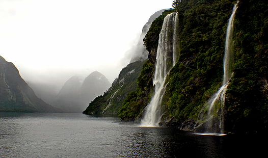 photo of mountain's waterfall dropped on body of water, Doubtful Sound, Fiordland NZ, photo, mountain, waterfall, body of water, New Zealand, Fiordland National Park, Weather, Cliffs, Public Domain, Dedication, CC0, geo tagged, flickr, lover, photos, nature, river, water, landscape, scenics, outdoors, rock - Object, cliff, HD wallpaper HD wallpaper
