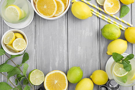 лимон, лайм, цитрусовые, напиток, мята, лимонад, HD обои HD wallpaper
