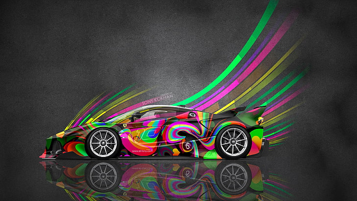 Ilustración de coche negro y multicolor, Super Car, Tony Kokhan, colorido, Ferrari, Fondo de pantalla HD