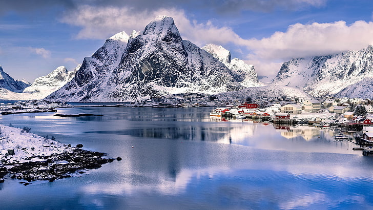gray mountain, macro shot of snow mountain, landscape, village, mountains, Norway, snow, water, fjord, HD wallpaper