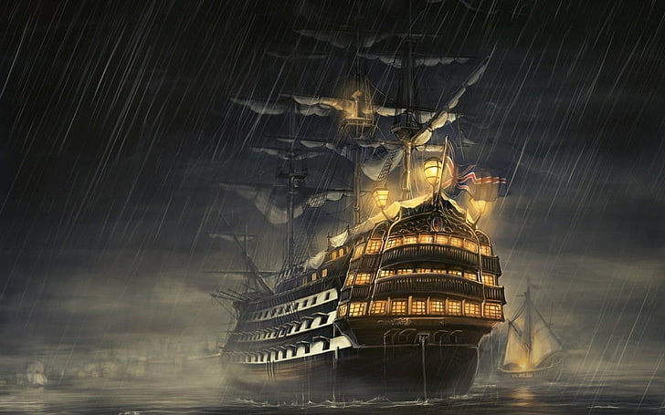 黒いガレオン船のイラスト、ファンタジーアート、ハリヤルティ、船、雨、海、 HDデスクトップの壁紙