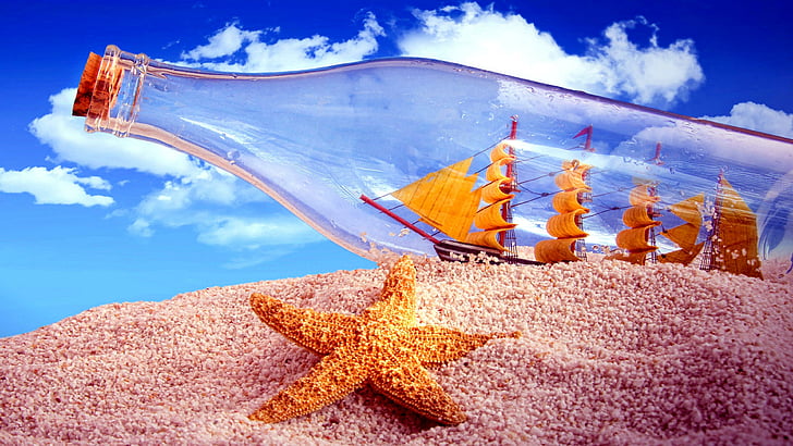 starfish, sand, buttle, buttle world, ship, sky, fantasy world, full-rigged ship, masted, HD wallpaper