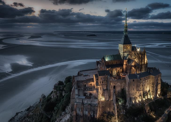 kastil, pantai, Prancis, benteng, The Mont Saint-Michel, Wallpaper HD, Wallpaper HD