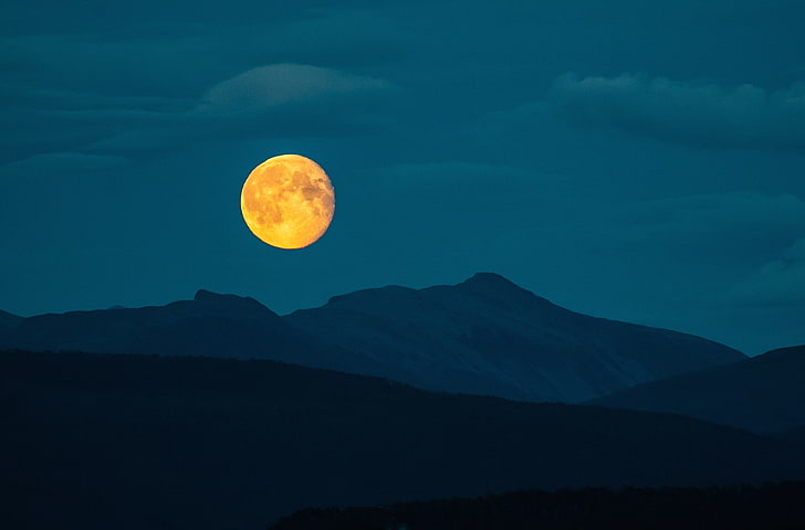 luna piena, notte, montagne, luna, paesaggio, natura, Sfondo HD