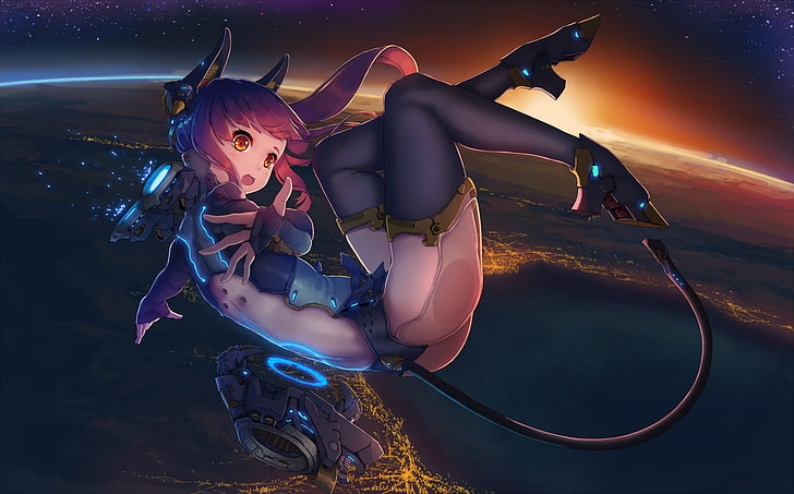 red-haired girl anime character wallpaper, untitled, space, cyborg, anime girls, original characters, purple hair, thigh-highs, anime, pink hair, falling, HD wallpaper