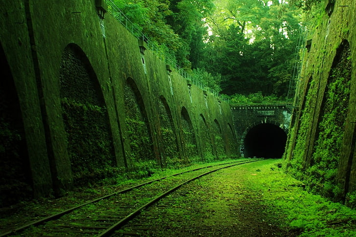 коричневый поезд туннель, заброшенный, железная дорога, туннель, HD обои