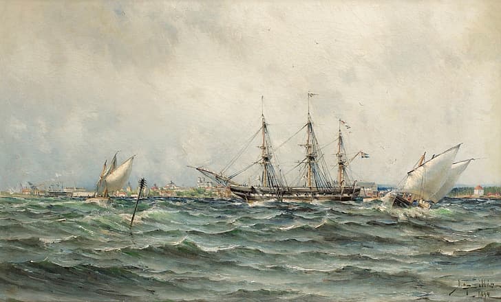 1844 г., Морето и корабите, Пейзаж морски, пълноразмерен, Херман Густав AF Силен, HD тапет