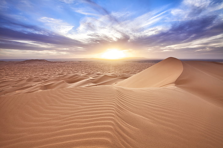 desert field, the sun, clouds, desert, dunes, Sands, Morocco, Er Rachidia, Merzouga, HD wallpaper