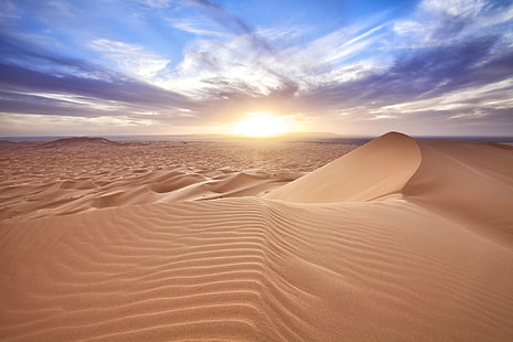 пустинно поле, слънце, облаци, пустиня, дюни, пясъци, Мароко, Er Rachidia, Merzouga, HD тапет HD wallpaper