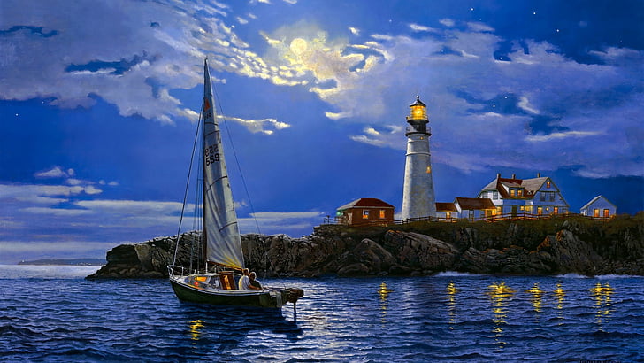 architecture, art, artwork, beautiful, boat, clouds, good, great, lighthouse, love, lovely, moon, night, paintaings, romance, sailing, sea, sky, sweet, wonderful, HD wallpaper