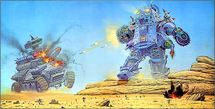 robot versus tank fighting on mountain valley, Angus McKie, science fiction, robot, battle, explosion, artwork, retro science fiction, HD wallpaper