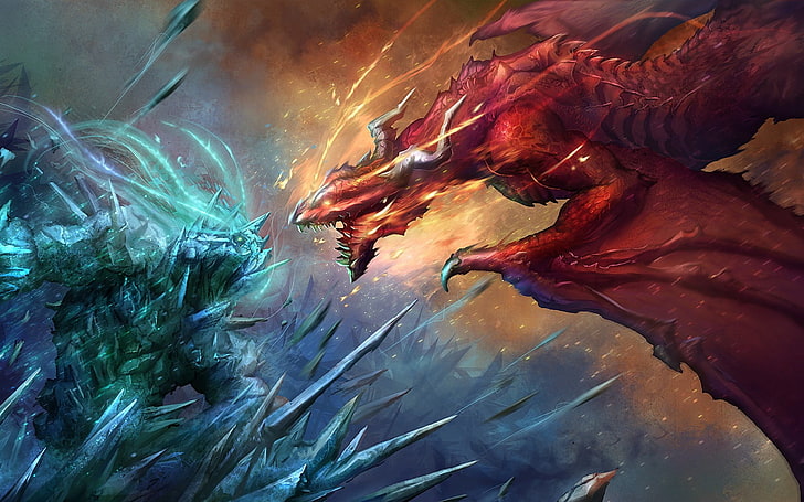drago di fuoco che combatte con illustrazione gigante di ghiaccio, draghi, arte, battaglia, fantasia, Sfondo HD