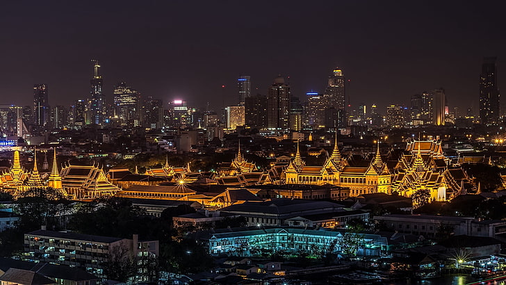 cityscape, grand palace, city, metropolis, night, city lights, skyline, landmark, bangkok, thailand, downtown, asia, sky, tourist attraction, tower, HD wallpaper