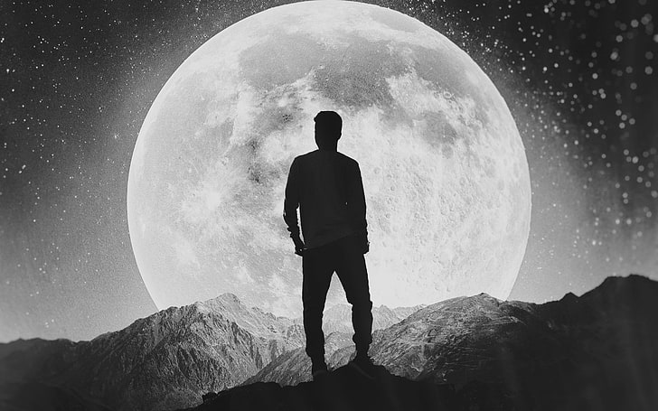 the moon, black and white, moon, guy, alone, HD wallpaper