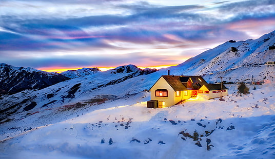 beige and brown house in the middle of snow coated mountain, Warm, Hut, Coronet Peak, beige, brown house, house in the middle, coated, New Zealand, Queenstown, com, South Island, Daily, Photo, Horizontal, Colour, Color, Day, Inverted, Mountain, HDR, RR, Grass, Water  Sky, Black  Rock, Sony, Reflection, Pond, Coronet, Ski, Field, Outdoor, Outdoors, hill, landscape, mountainside, View, Range, Southern Alps, piste, sport, Dusk, Sunset, Night Time, Lodge, Chalet, Glowing, Purple, Fujifilm  X-Pro2, snow, winter, nature, european Alps, europe, house, HD wallpaper HD wallpaper
