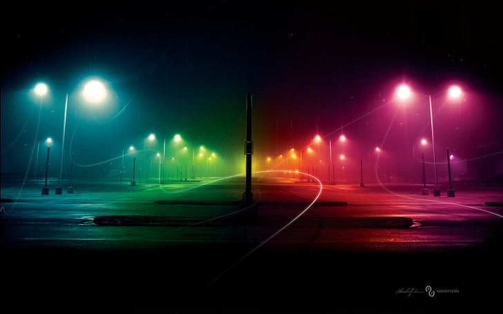 Nacht, Regenbogen, bunt, Straße, Streifen, Straßenlaterne, Glühen, Straße, digitale Kunst, HD-Hintergrundbild