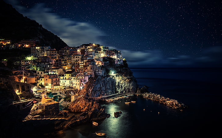 houses on mountain painting, Italy, night, Manarola, coast, city, Cinque Terre, sea, HD wallpaper