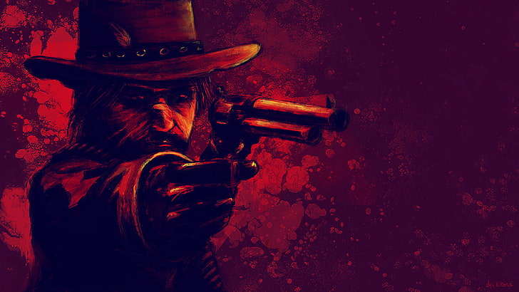 الفن الرقمي ، فن ألعاب الفيديو ، ألعاب الفيديو ، Red Dead Redemption ، Red Dead Redemption 2 ، أحمر ، سلاح ، بندقية ، قبعة ، جون مارستون ، رسم، خلفية HD