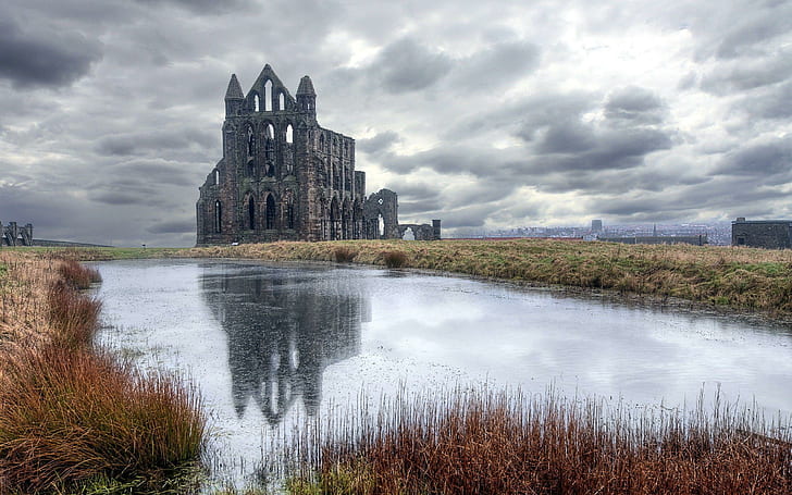 Castle ruin, grey concrete castle, photography, 2560x1600, cloud, field, pond, ruin, catle, HD wallpaper