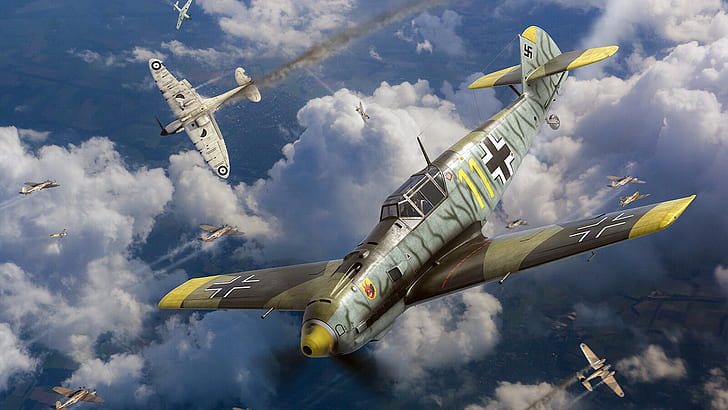 Supermarine Spitfire, Battle of Britain, Luftwaffe, Messerschmitt Bf.109, caccia monomotore a pistoni ribassati, caccia britannico, Heinkel He 111, bombardiere tedesco medio, RAF, Sfondo HD