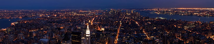 New York City, triple screen, wide angle, city, cityscape, city lights, HD wallpaper