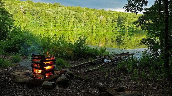 캠프 화재 숲 호수 나무 캠프 화재 HD, 자연, 나무, 호수, 숲, 화재, 캠프, HD 배경 화면 HD wallpaper