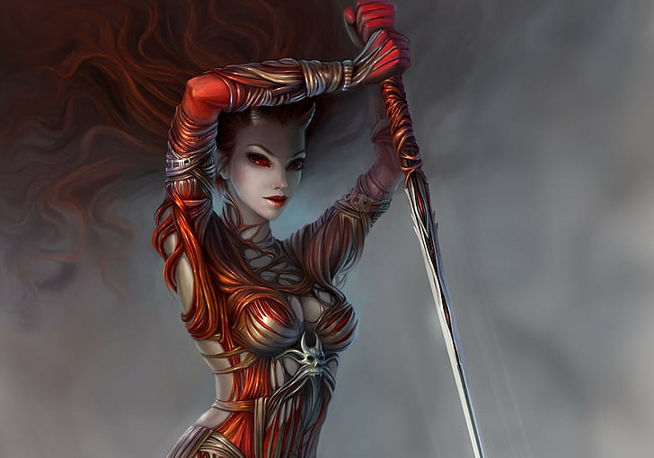 femme aux cheveux rouges tenant un papier peint lance, art fantastique, démon, yeux rouges, Fond d'écran HD