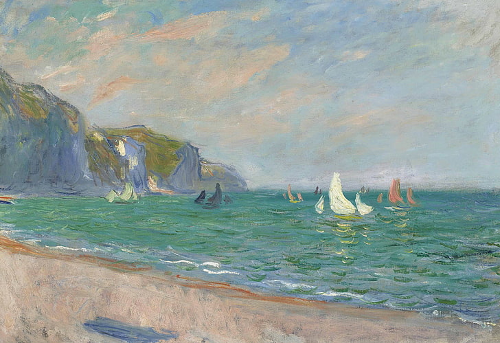 pemandangan, gambar, Claude Monet, Perahu Layar di Pantai di Purvile, Wallpaper HD