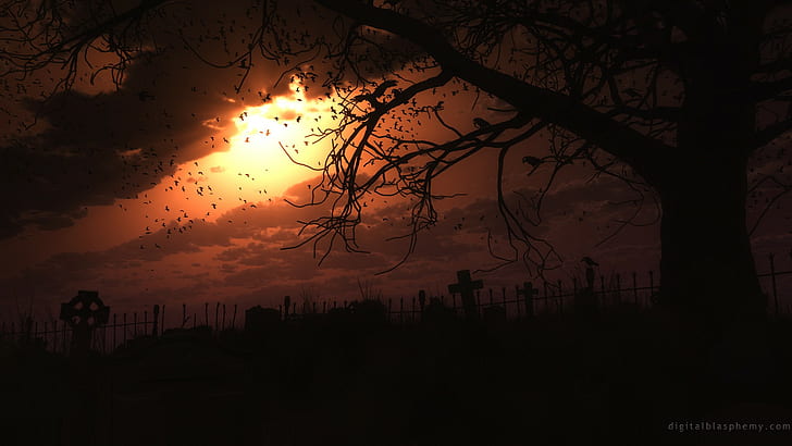 дигитално богохулство зловещо дигитално изкуство природа пейзаж облаци кръст гробище птици гарван дървета призрачен тъмно слънце ограда силует зловещо, HD тапет