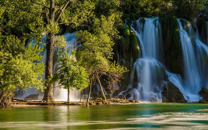 trees, river, waterfall, Bosnia and Herzegovina, Kravice Falls, Trebizat river, HD wallpaper