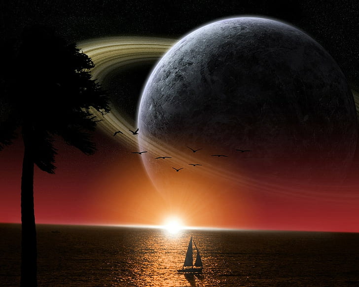 Ship, Sea, Saturn, Sun, Space, HD wallpaper