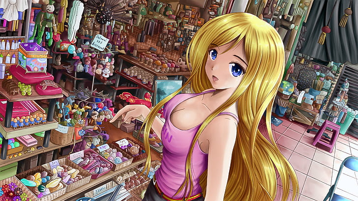 Chica rubia de anime en una tienda de souvenirs, Rubia, Anime, Chica, Souvenir, Tienda, Fondo de pantalla HD