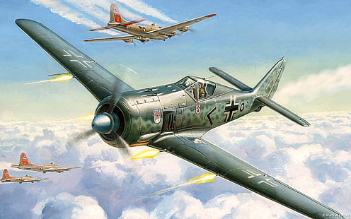 green battle plane wallpaper, war, art, painting, aviation, concept art, drawing, ww2, combat, fw 190, B 17 dogfight, HD wallpaper HD wallpaper
