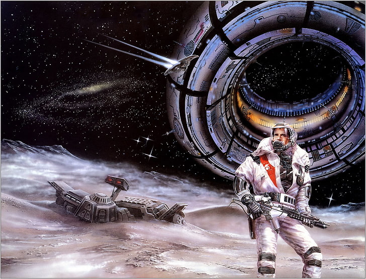 gray spaceship illustration, space, stars, planet, the crash, astronaut, station, male, Luis Royo, Blaster, women, probe, 1992, Voice of the Whirlwind, HD wallpaper