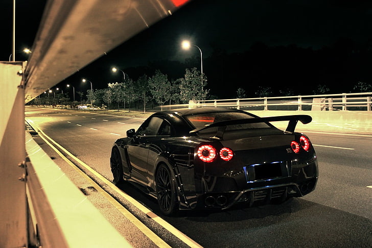 black coupe with spoiler, Nissan GTR, car, HD wallpaper