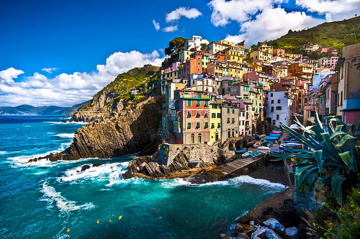 sea, rocks, coast, Villa, boats, Italy, houses, Riomaggiore, travel, HD wallpaper