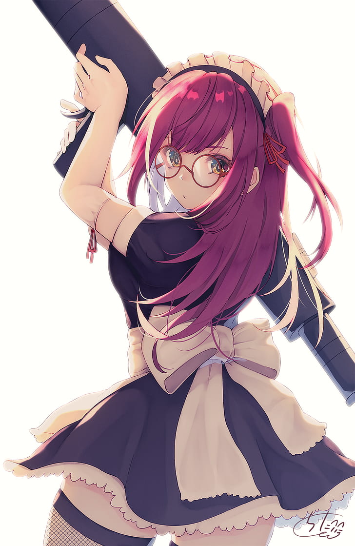 anime girls, original characters, purple hair, long hair, looking at viewer, women with glasses, dress, maid, fishnet stockings, stockings, bazookas, weapon, white background, artwork, drawing, illustration, 2D, digital art, chita (ketchup), Pixiv, vertical, portrait display, HD wallpaper