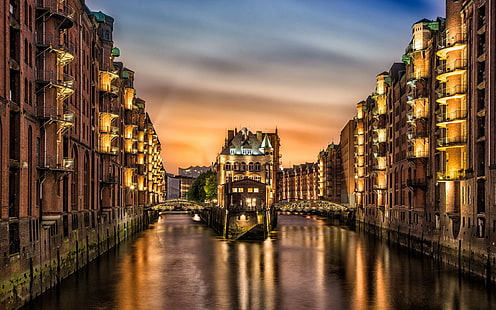 Хамбург, Speicherstadt, светлини, пристанища, отражение, Германия, HD тапет HD wallpaper