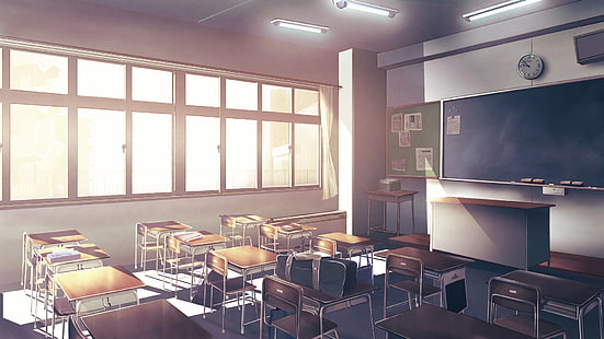 aula de anime, luz solar, sillas, escénica, Anime, Fondo de pantalla HD HD wallpaper